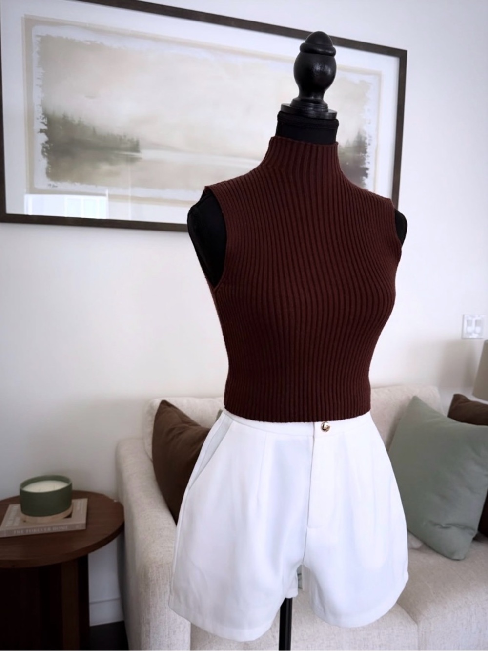 Zara Chocolate Brown Ribbed Mock Neck Sleeveless Tank